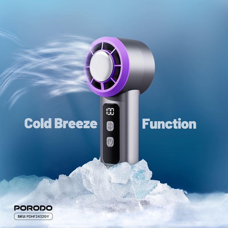 Porodo Frostwave Portable Cooling Fan with 5 Adjustable Speed Levels, 3000mAh Battery Capacity, 5 Hours Fan Working Time, 3 Hours Cooler Working Time, DC Brushless Motor, USB-C Charging Interface, Cold Breeze Function, Compact & Portable - Gray