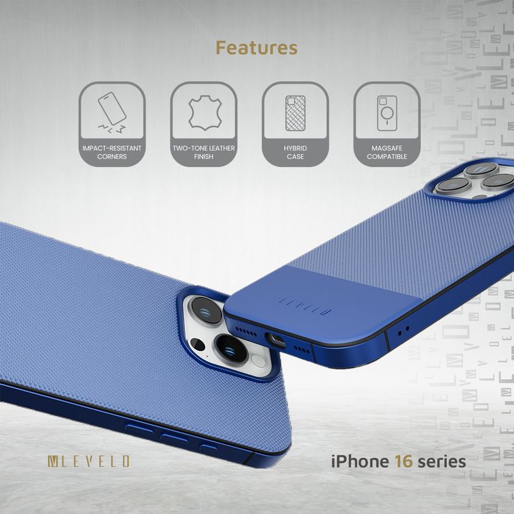 Levelo Cuir Two Tone Leather Case For iPhone 16 Pro, Durable, Compact Design, MagSafe Compatible, Hybrid Case, Impact-Resistant Corners , Aluminum Bumper Finish, High Quality Material - Blue