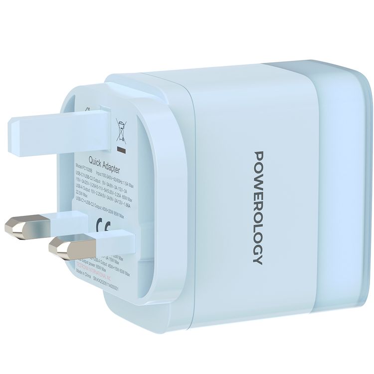 Powerology Lunex Series 3-Port Fast Charging Adapter with UK 3-Pin Power Plug, 65W PD USB-C Output, 22.5W QC USB-A Output, Multi-Device Charging, Powerful Laptop Charging, Universal Protocol Support - Blue