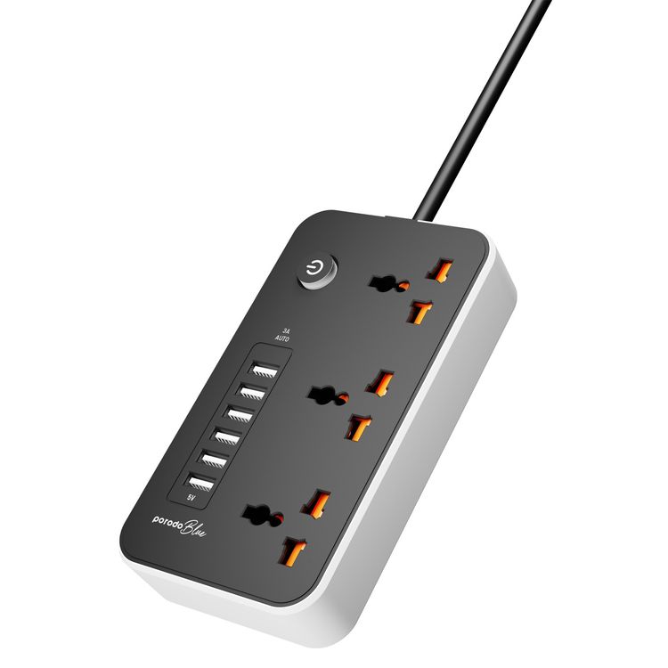 Porodo Blue Multi-Port Power Socket with, 2500W Rated Power, 5V/3A USB Output, X6 USB-A Ports, 2 meters cable - Black