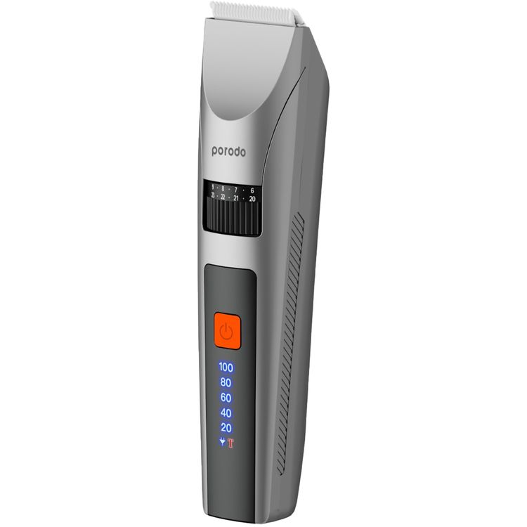 Porodo Lifestyle Cordless Hair Clipper with All-in-One Grooming Kit, 1200mAh Battery Capacity, Stainless Steel & Ceramic Blades Material, 90 Minutes Working Time, 120 Minutes Charging Time, Digital Display - Gray