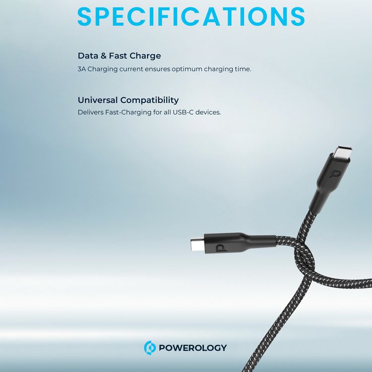  Powerology USB-C to USB-C Braided Cable with 100W Power Delivery, Over Heat & Current Protection, Fire-Resistant PVC Material, Fast Charge & Data Sync, 2m Cable Length - Black