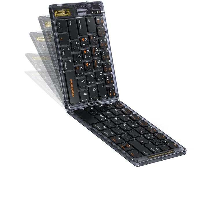 Porodo Crystal Shell Wireless Keyboard, Transparent, Bluetooth Connection, Foldable, 65 Keys + Arabic Layout, 80mAh Lithium Battery, Scissor Key Switches, Compatible with Windows, iOS, Android, Mac - Black