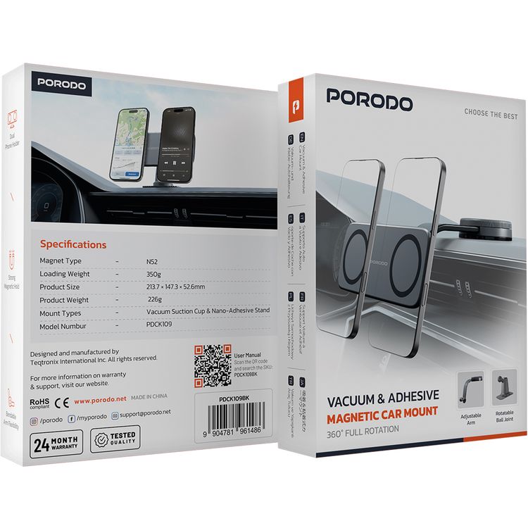 Porodo Vacuum & Adhesive Magnetic Car Mount with Dual Phone Holder, 360° Full Rotation, 350g Load Weight, N52 Magnet Type , Vacuum Suction Cup, Nano-Adhesive Stand Mount Types, Adjustable Arm, Rotatable Ball Joint - Black