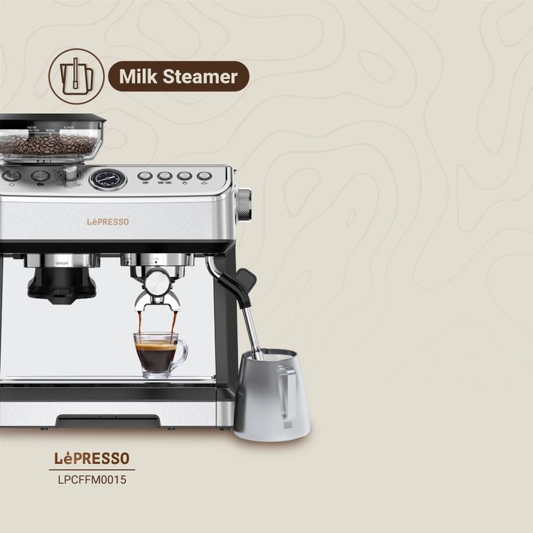 LePresso 20 Bar Espresso Coffee Maker with Bean Grinder, Cup Warmer, Milk Steamer, Multiple Brewing Options - Silver 