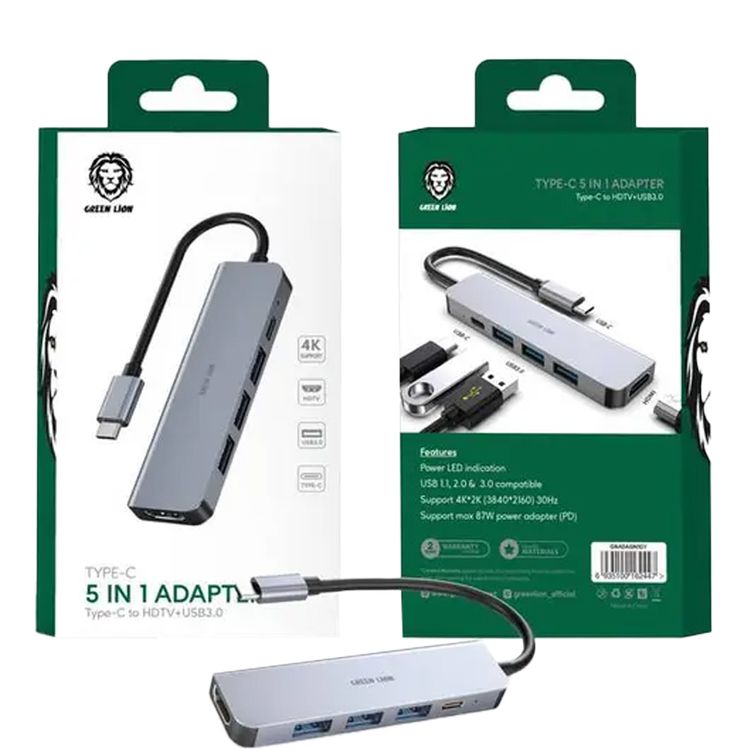 Green  Lion 5 in 1 Type-C Adapter 4K - Gray