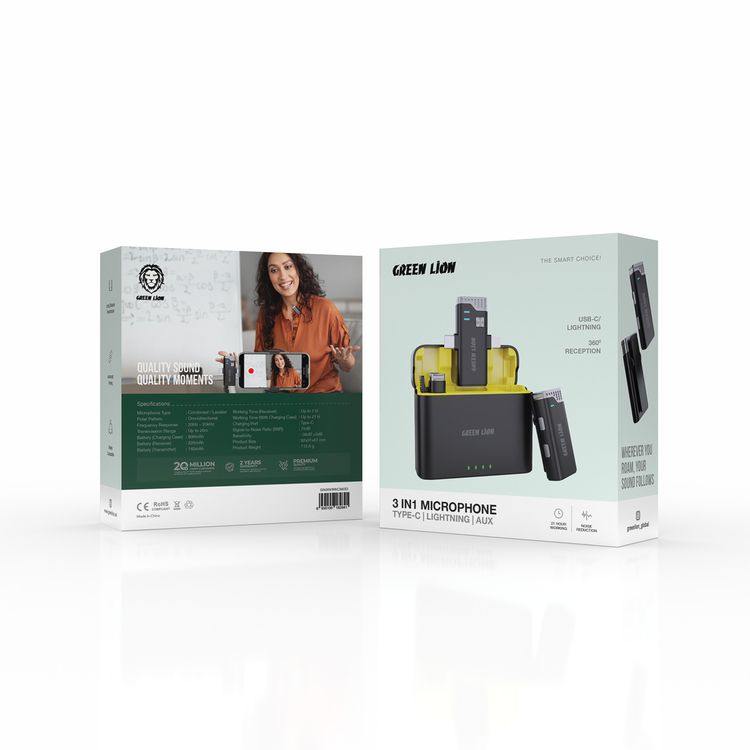 Green Lion 3-in-1 360° Microphone with Up to 21 Hours Working Time, USB-C & Lightning Connector Ports, Up to 20m Transmission Range, Noise Canceling, Automatic Pairing - Black