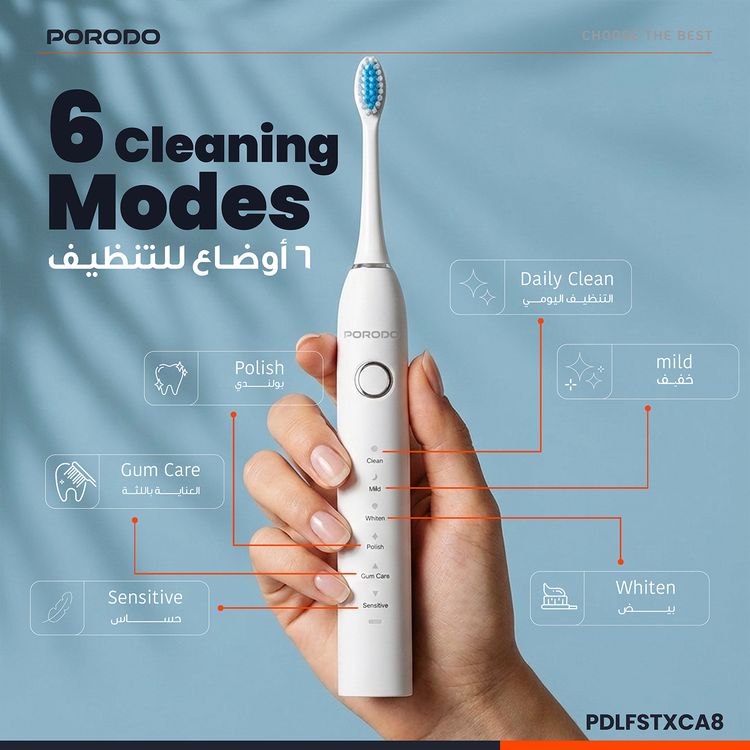 Porodo Lifestyle Smart Sonic Electric Toothbrush with Memory Function, 6 Cleaning Modes, Up to 30 Days Working Time, 500mAh Battery, IPX7 Water Resistance Level, USB-C Charging Interface, DuPont Bristles, Powerful Sonic Cleaning, Smart Timer & Reminder - Black