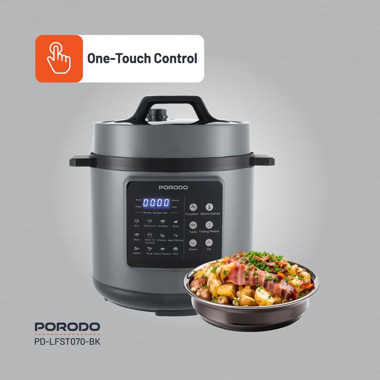 Porodo 1300W Multi-Cuisine Pressure Cooker with 6L Capacity & LED Display, One-Pot Meals, 12 Preset Functions, Pressure Release Button, One-Touch Control, Auto Pilot Cooking, Customizable Cooking Programs - Black