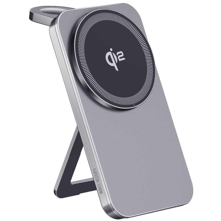 Green Lion Magstand Duo Wireless Charger with Built-in Kickstand, USB-C Input Port, 15W Fast Charging, Multi-Device Charging, Qi2 Standard, Foldable & Ultra-Slim Design - Gray
