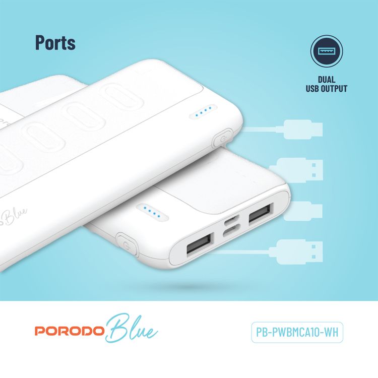Porodo Blue 10000mAh Slim Power Bank with Dual USB-A Output, Lightweight & Compact Design, Type-C Input, LED Indicator - White