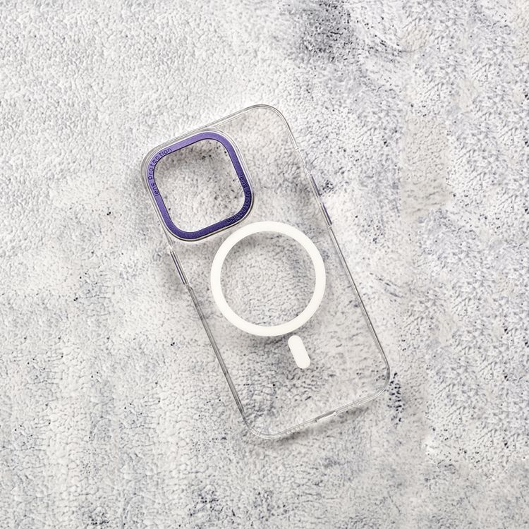 Levelo MagSafe Sensa Clear Back Case for iPhone 14, Metal Camera Ring, Shockproof Edges, Highly Transparent, Easy Snap-on - Clear/Purple
