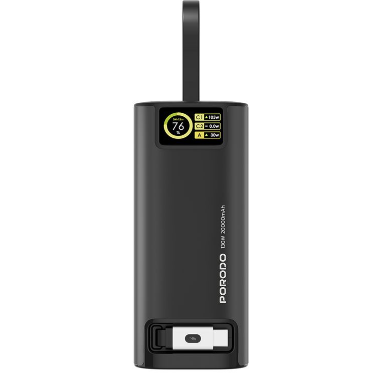 Porodo 20000mAh 130W Power Bank with 1m Retractable Type-C Cable, 100W Power Delivery, Suitable for Laptop Charging, Digital Display - Black