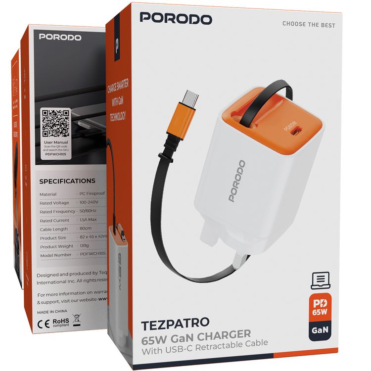 Porodo Tezpatro 65W GaN Charger with USB-C Retractable Cable, 1.5A Rated Current, 65W Power Delivery, 80cm Cable Length, Flame-Retardant Housing, Fast Charge Support - White / Orange