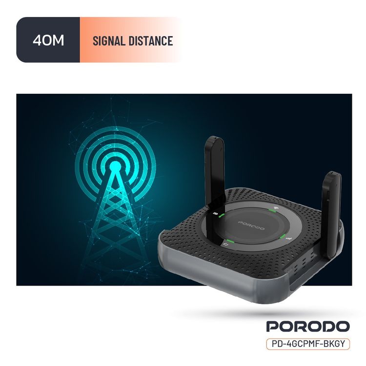 Porodo 4G & LTE Portable Router with 40m Signal Distance, 12 Hours Working Time, 10 Connected Devices, 100Mbps LAN, 4000mAh Battery Capacity, Micro SIM, CPE & MiFi, CAT4 Category, 150Mbps Download Rates, 50Mbps Upload Rates - Black / Gray