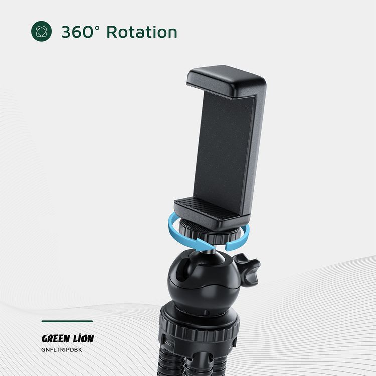 Green Lion Flexible Tripod with Foam Grips, ABS + TPR & Aluminum Material, 3kg Load Capacity, 360° Rotation, Flexible Legs, 2-Angle Adjustable, Pan & Tilt Functions - Black
