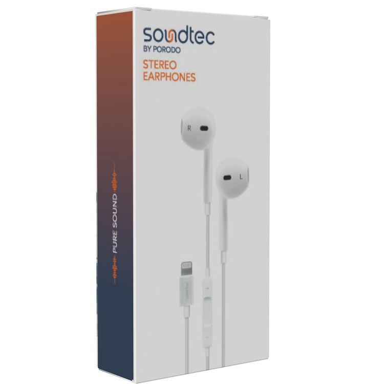 Porodo Soundtec Stereo Wired Earphones with 1.2m Lightning Cable Length, 3 Button Control, High-clarity Microphone, High Sound Quality and Deep Bass, Answer & Close Call - White