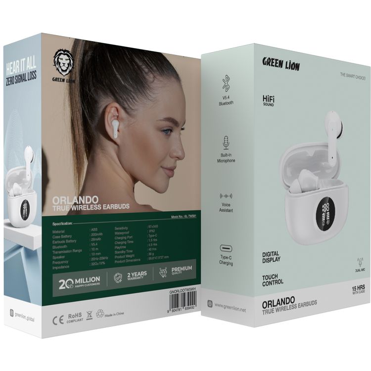 Green Lion Orlando True Wireless Earbuds with Digital Display, HiFi Sound, Built-in Microphone, Voice Assistant, 4.5 Hours Playtime, Type-C Charging - White 