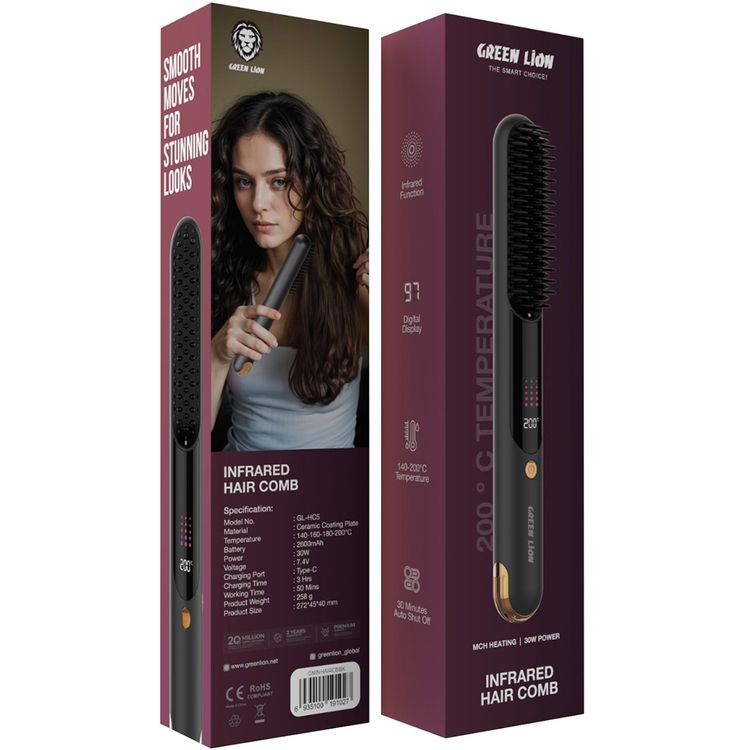 مشط شعر بالأشعة تحت الحمراء من Green Lion مع شاشة رقمية، وقت عمل 50 دقيقة، إعدادات درجة حرارة قابلة للتعديل حتى 200 درجة مئوية، بطارية 2600 مللي أمبير، وظيفة الأشعة تحت الحمراء - أسود