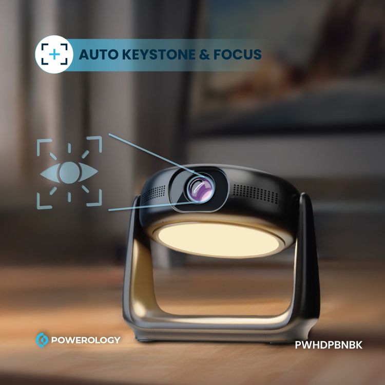 Powerology Rotating Stand Portable Projector, Auto Keystone & Focus, Built-in Lamp, Android 11.0, Bluetooth 5.0, Airplay & Miracast, 5200mAh Battery Capacity, 1GB DDR3 RAM - Black