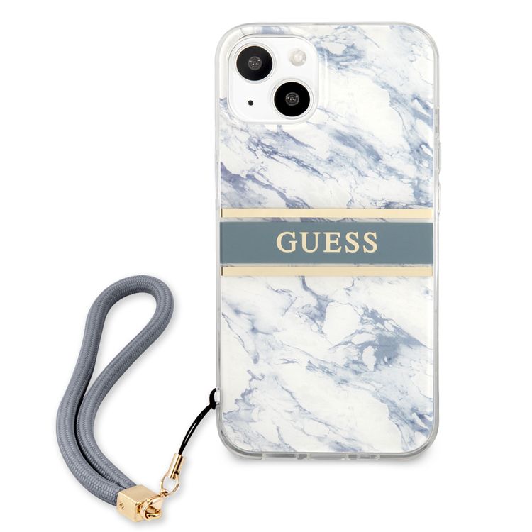 CG MOBILE Guess PC/TPU Case Marble Design & Stripe with Anti-Lost Nylon Strap for iPhone 13 (6.1") Shock Absorption & Drop Protection Suitable with Wireless Chargers Officially Licensed Blue