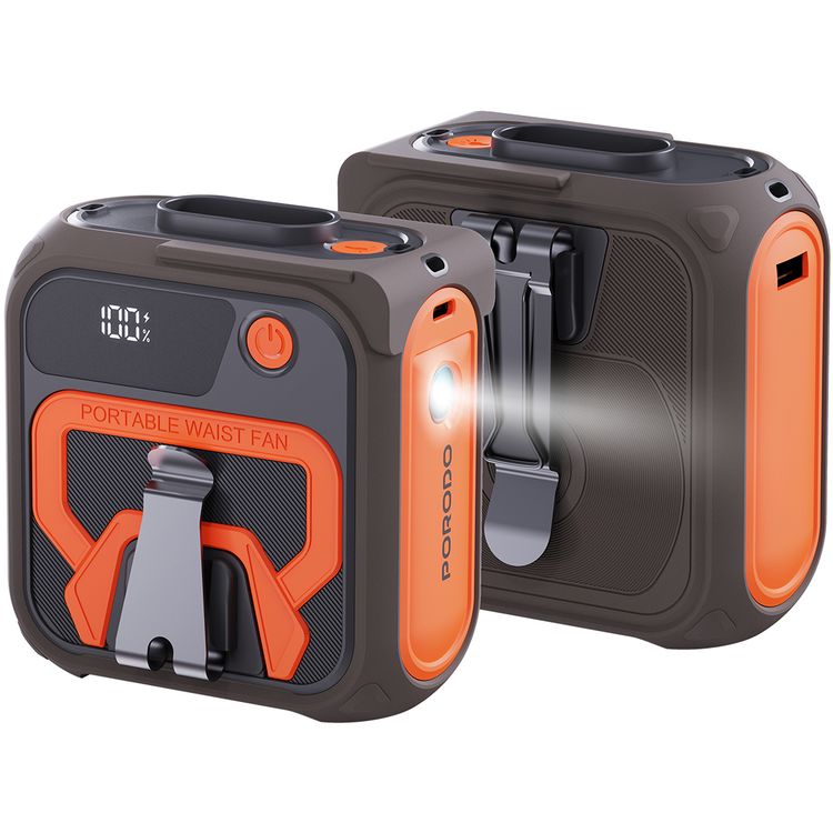 Porodo Lifestyle Multifunction Cooling Waist Fan with 10000mAh Power Bank, Flash Light, Powerful Wind, Digital Display, 5 Speed Levels, 40 Hours Working Time, 4 Hours Charging Time, Neck Strap - Orange / Brown