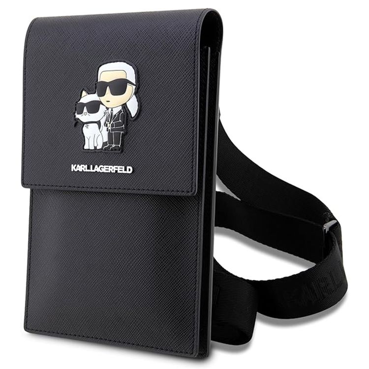 Karl Lagerfeld Saffiano Phone Pouch with K&C NFT Logo, Adjustable Shoulder Strap, Multiple Compartments, 3 Card Slots, Water Resistant - Black