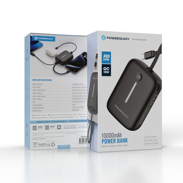 Powerology 10000mAh Power Bank with Detachable USB-C Wire, 20W Power Delivery, 3-Device Charging, Long Time Standby, Universal Phone Compatibility, Built-in Safeguards - Black