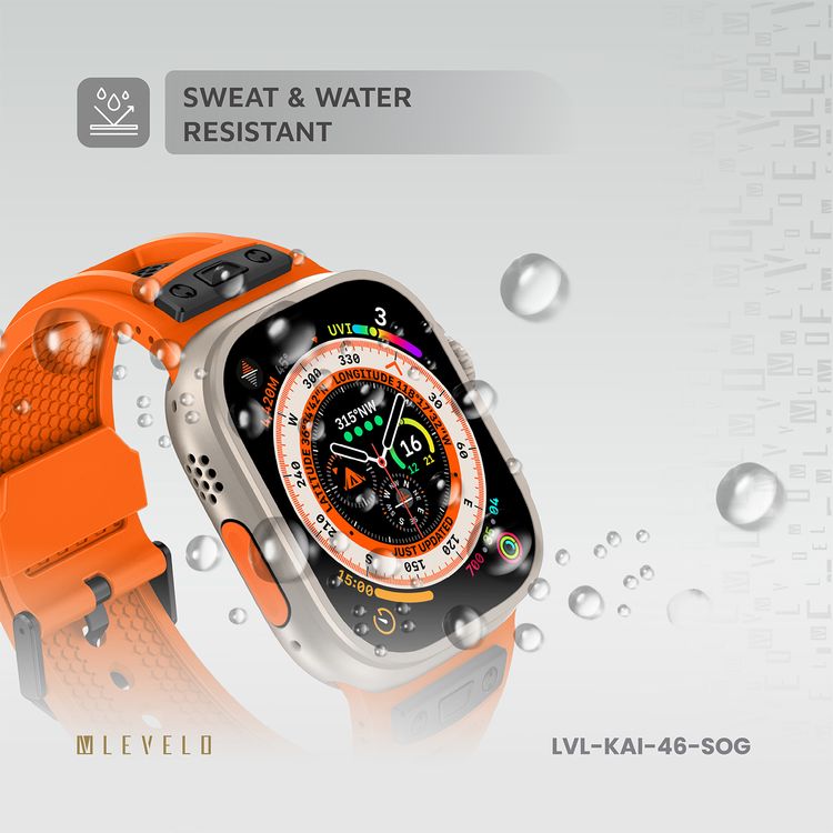 حزام ساعة Levelo Kai، لساعة Apple Watch SE 9/8/7/6/5 (46/49 ملم)، مصنوع من TPU + مشبك معدني، مضاد للحساسية، مناسب للارتداء على مدار الساعة - برتقالي غروب الشمس