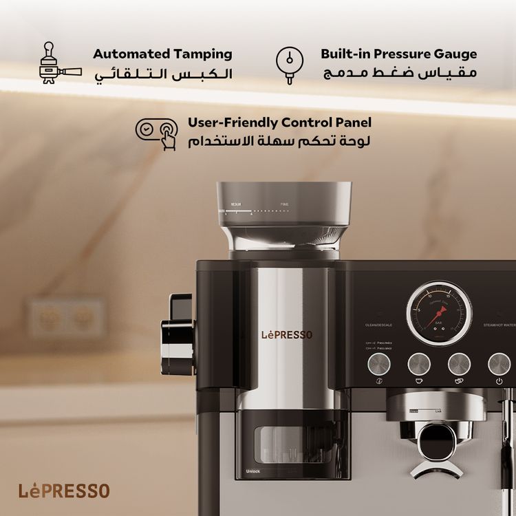 LePresso Maestro Semi-Automatic Coffee Machine with Coffee Grinder, Built-in Pressure Gauge, 2300W Rated Power, 2.8L Water Tank Capacity, 20 Bar Pump Pressure, 250g Bean Hopper Capacity, 220-240V Rated Voltage, 50/60Hz Rated Frequency, Intuitive Control Panel, Automated Tamping - Black