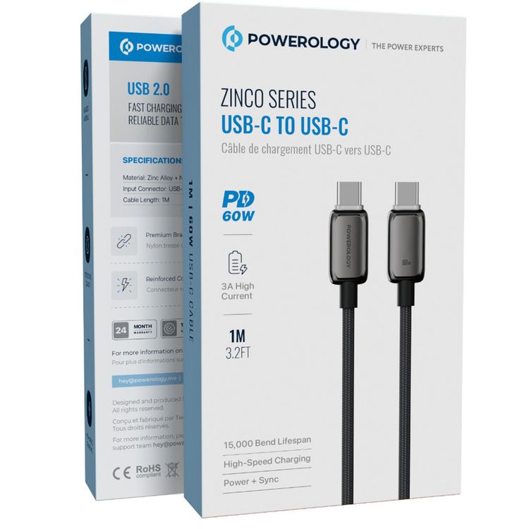 كابل Powerology Zinco Series USB-C إلى USB-C مع تقنية PD 60 وات، شحن عالي السرعة، طول الكابل 1 متر، مصنوع من النايلون المضفر ومادة سبائك الزنك، سرعة نقل بيانات 480 ميجابت في الثانية - رمادي