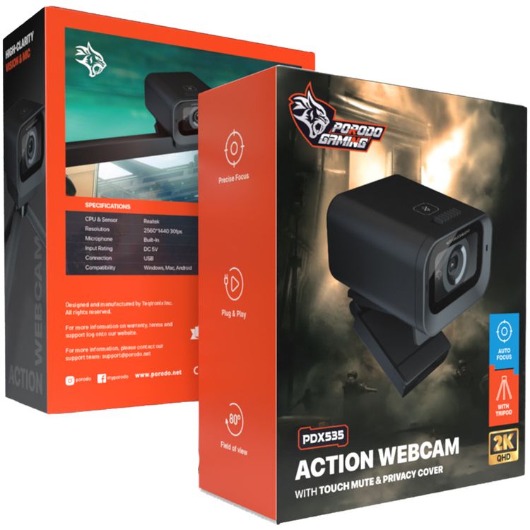 Porodo Gaming Auto Focus Webcam with Tripod, Built-in Microphone, Precise Focus, 80° Field of View, Plug & Play, USB Connection, Realtek Sensor & CPU - Black