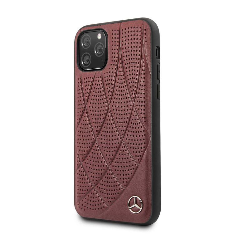Mercedes-Benz Hard Case Quilted Perforated Genuine Leather For iPhone Pro - Burgundy