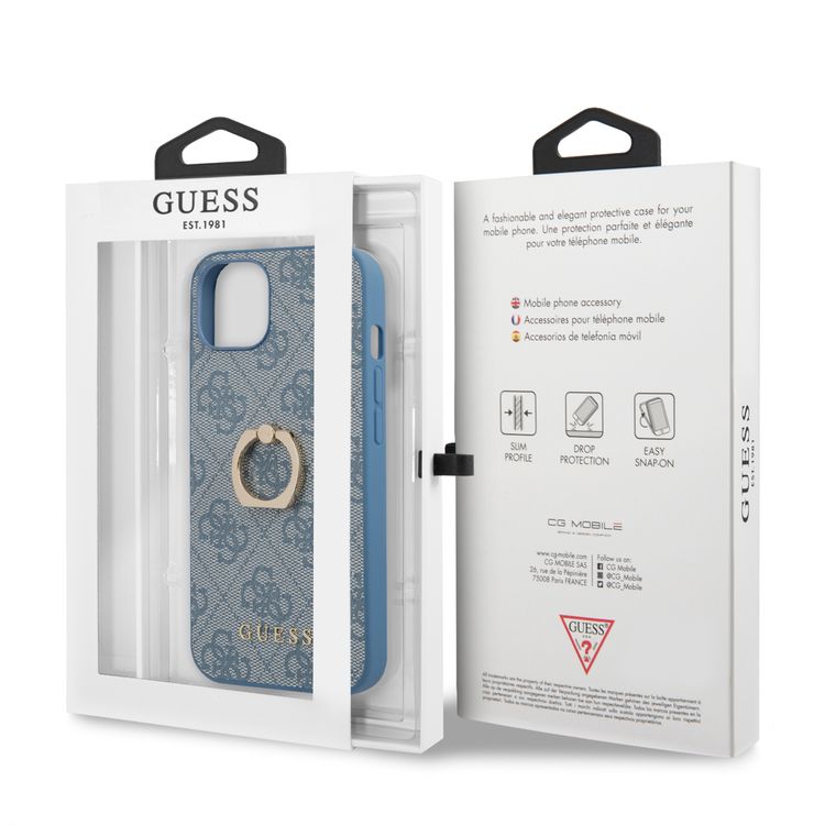 CG MOBILE Guess PU Leather 4G Case with 360° Rotating Ring Grip Holder Stand Compatible for iPhone 13 (6.1") Suitable with Wireless Charging Officially Licensed - Blue