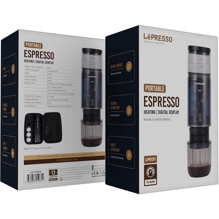 LePresso Portable Mini Espresso Machine, 80mL Water Tank Capacity, Type-C Charging Port, Food Grade Stainless Steel Material - Black