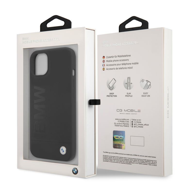 CG MOBILE BMW Liquid Silicone Case Tone On Tone Metal Logo Compatible for iPhone 13 (6.1") Easy Access to All Ports, Anti-Scratch - Black