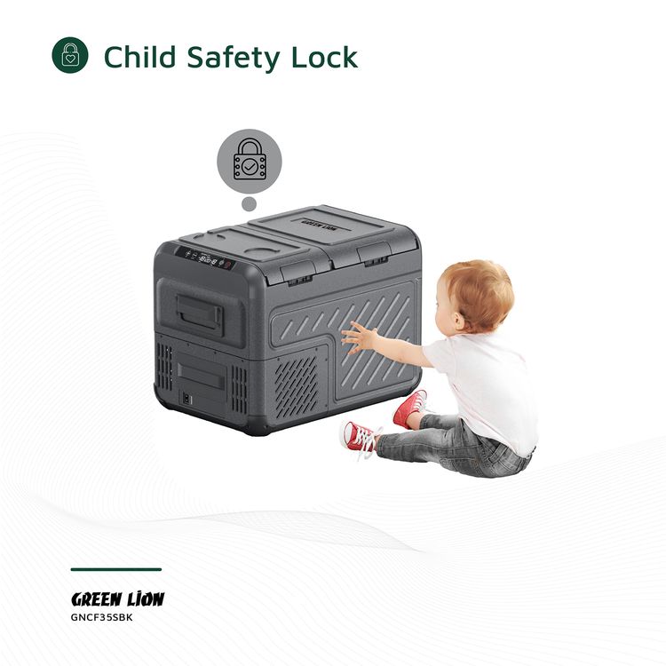 Green Lion GFC-35 Car Fridge with 35L Capacity, Bottle Opener, Touch Control Display & Interior Lights, Dual Power Supply, Child Safety Lock, Two Shelves, Quiet Operation - Black