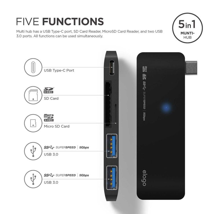 Elago Aluminum Multi Hub Type-C, SD Card Reader, MicroSD Card Reader, & two USB 3.0 ports, Multiple Devices All at Once (2W MAX), Perfect Travel Buddy! Stable Power Supply - Black
