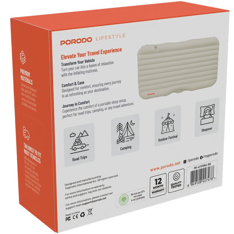 Porodo Lifestyle Car Mattress, Automatic Pump, 200Kg Load Capacity, Space Saving Design, Premium Materials, Fits in Most Vehicles - Beige