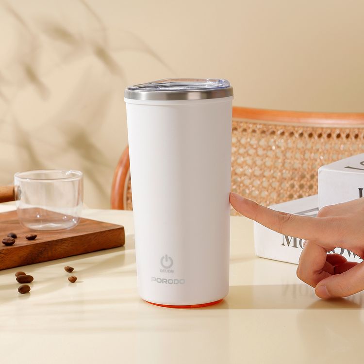 Porodo Lifestyle Auto-Stirring Insulated Mug with 400mL Capacity, Anti-Slip Base, 300mAh Battery Capacity, 120-Seconds Mixing Time with Auto-Stop - White