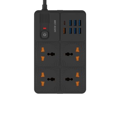Green Lion Power Socket with 4 AC Sockets, USB-C & 7 USB-A Ports, UK Power Plug with Fuse, 2m Cable Length, 3250W Rated Power, Power Button, Fast Charge 20W Power Delivery, Overload Protection, EU, US, UK & AU Supported Plugs - Black