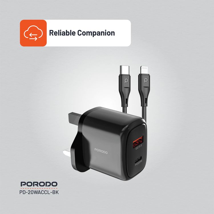 Porodo Dual Output Quick Charger with Type-C to Lightning Cable, 20W Power Delivery, QC 18W, UK 3-Pin Plug, Simultaneous Charging, Universal Compatibility - Black