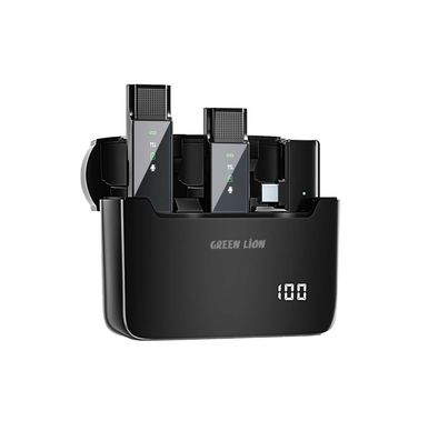 Green Lion 2-in-1 Digital Display Microphone with USB-C Connector, 5 Hours Battery Life, Highly Sensitive, Crystal-Clear Timbre, 600mAh Charging Case Battery, 30ms Transmission Delay - Black