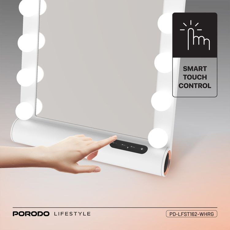 Porodo Hollywood Vanity Lighted Mirror with Built-in Bluetooth Speaker, 15 LED Bulbs, Auto-Off Function, ABS & Glass Material, Smart Touch Control, Brightness Memory Function - White / Rose Gold