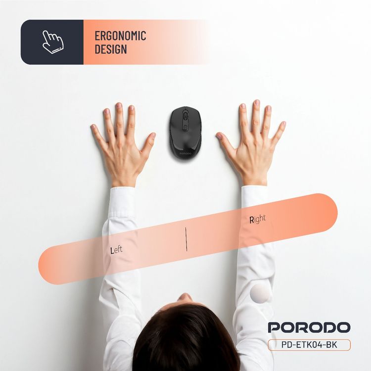 Porodo Dual Mode Wireless Mouse with Adjustable DPI Up to 1600, 7m to 10m Effective Range, 300mAh Battery Capacity, Bluetooth V5.4, Ergonomic Design, Plug & Play - Black