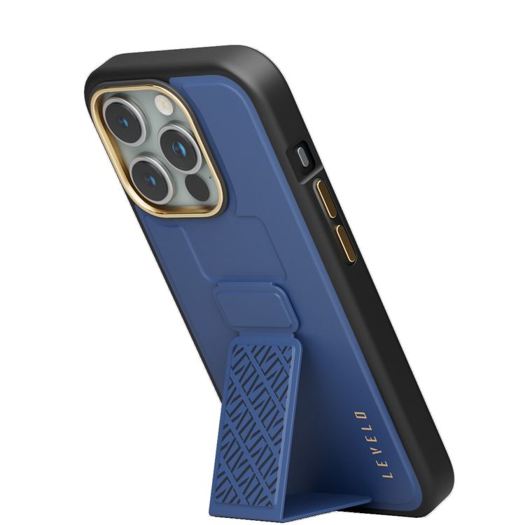 جراب Levelo Morphix Cuero Gripstand لهاتف iPhone 15 Pro، أوضاع متعددة، جلد PU، حواف مقاومة للصدمات - أزرق