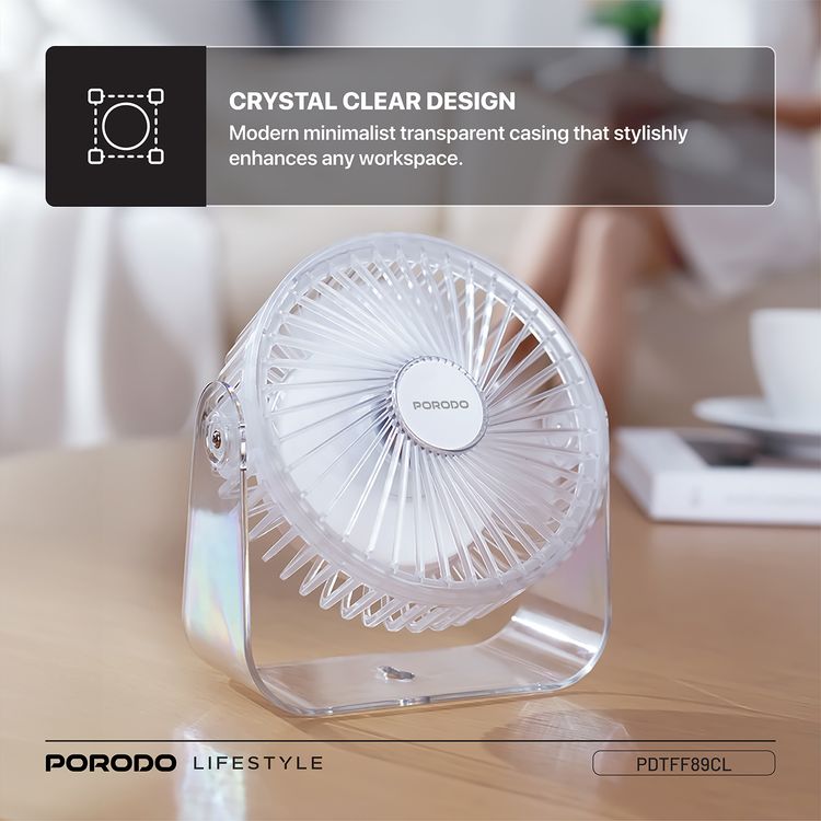 Porodo Portable Transparent Cooling Fan with Nightlight, 120° Oscillation, 3 Speed Levels, 3000mAh Battery Capacity, 3-9.5 Hours Working Time, 2.5 Hours Charging Time, ABS Material, Type-C Charging Interface, Whisper-Quiet Operation - Clear