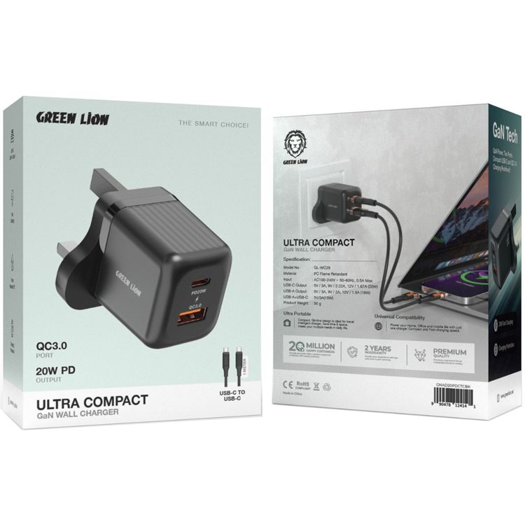 Green Lion Ultra Compact GaN Wall Charger with Dual USB-C & USB-A Ports and USB-C to USB-C Cable, PC Flame Retardant Material, Fast Charging Support, Charging Protection, Universal Compatibility, Ultra Portable - Black