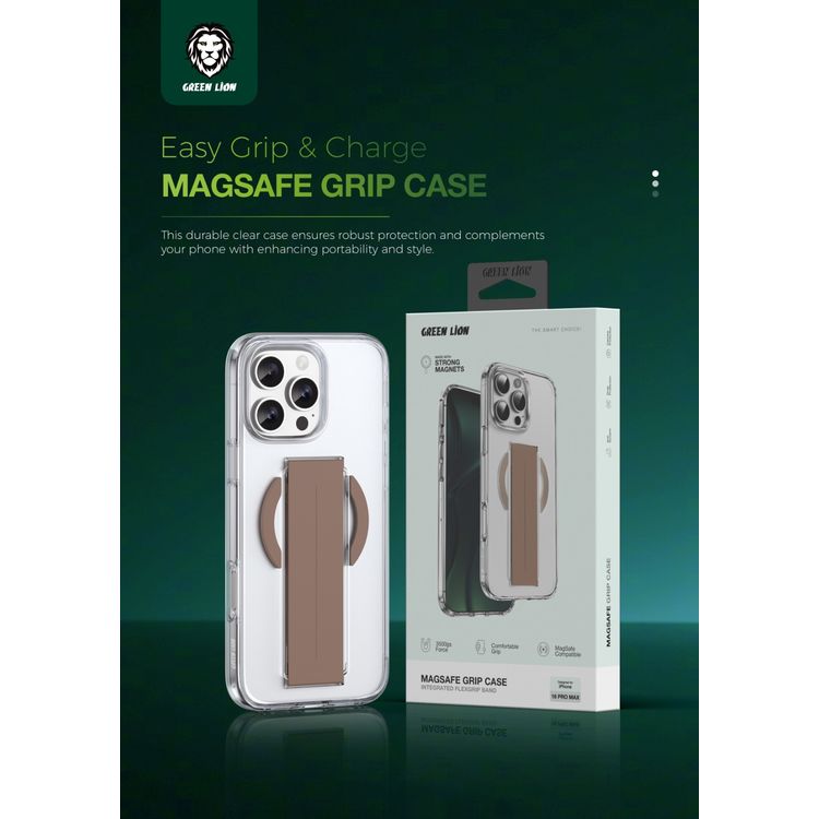 كفر حماية Green Lion MagSafe Grip لهاتف iPhone 16 Pro Max، شفاف مقاوم للاصفرار، حماية من الدرجة العسكرية، قبضة مريحة - ذهبي نحاسي 