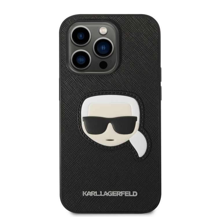 Karl Lagerfeld PU Saffiano Case with Karl Head Patch Ultra-Thin iPhone 14 Pro Compatibility - Black